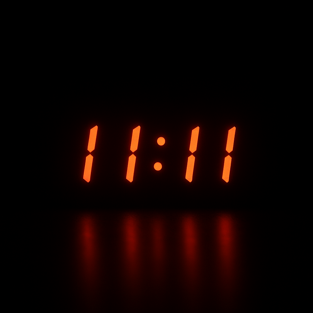11:11 glowing in darkness, symbolizing angel number synchronicity.